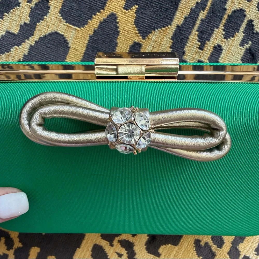 NWT Lilly Pulitzer Jessy Bow Hard Clutch Bamboo Green Gold Chain Crossbody Bag